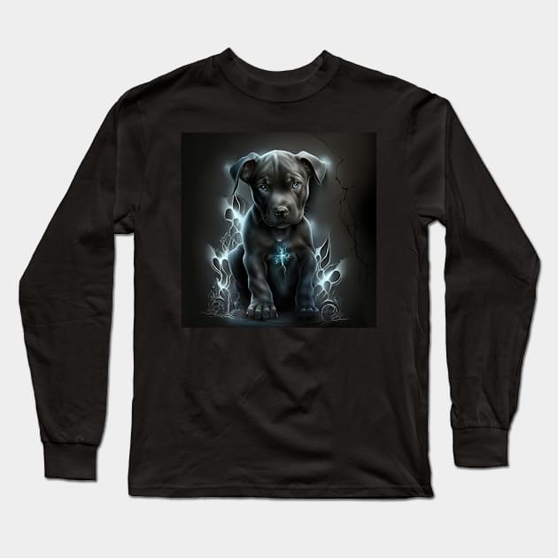 Devilish Pit Bull Puppy Long Sleeve T-Shirt by Enchanted Reverie